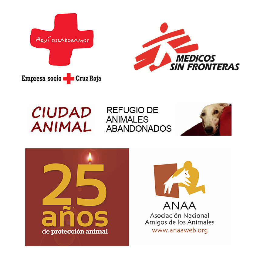 Colaboración con Cruz Roja, Médicos sin fronteras, Ciudad animal, Refugio de animales abandonados y ANAA